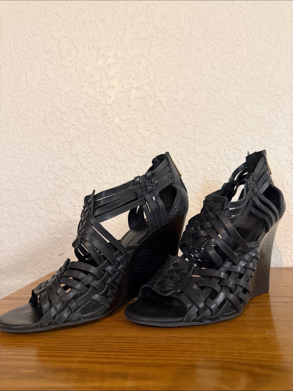 Tory Burch Black Woven Leather Wedge Sandals